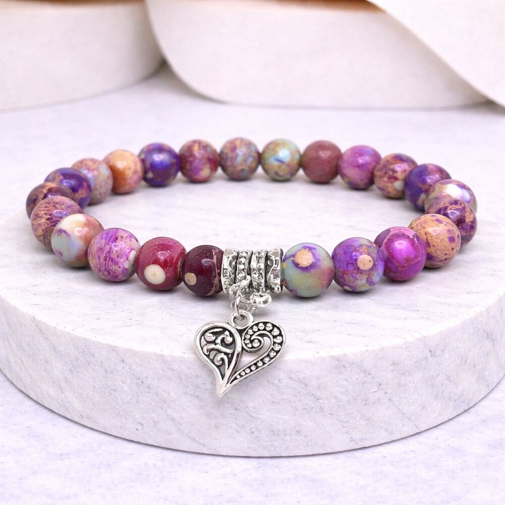 Purple Galaxy Jasper Stone Charm Stretch Bracelet 8mm Beads Crystal Boho Jewelry